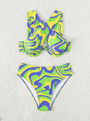 Swim Summer Colorful Wave Print Underwire Bra &amp; High Waisted Bottom
