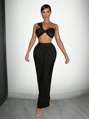 One Shoulder Pleated Tank Top And Loose Pleated Elastic Long Pants
