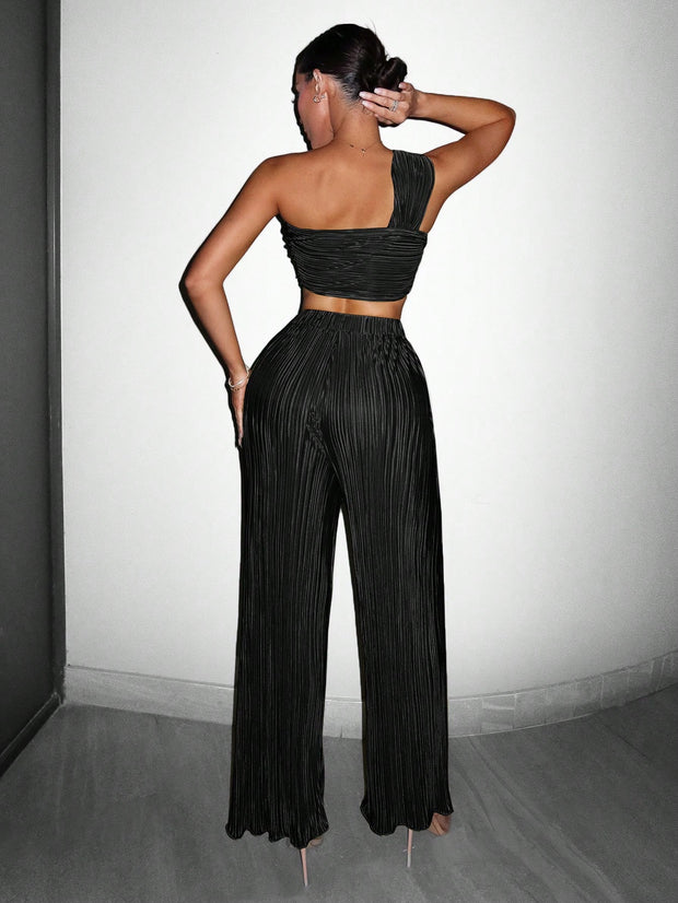 One Shoulder Pleated Tank Top And Loose Pleated Elastic Long Pants